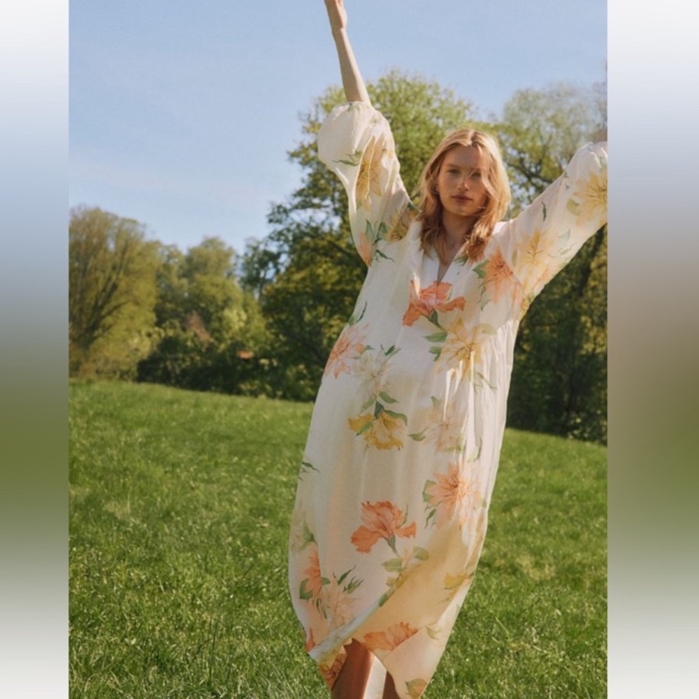 H&M White Orange Yellow Floral Print Midi Maxi Dress - Picture 16 of 16